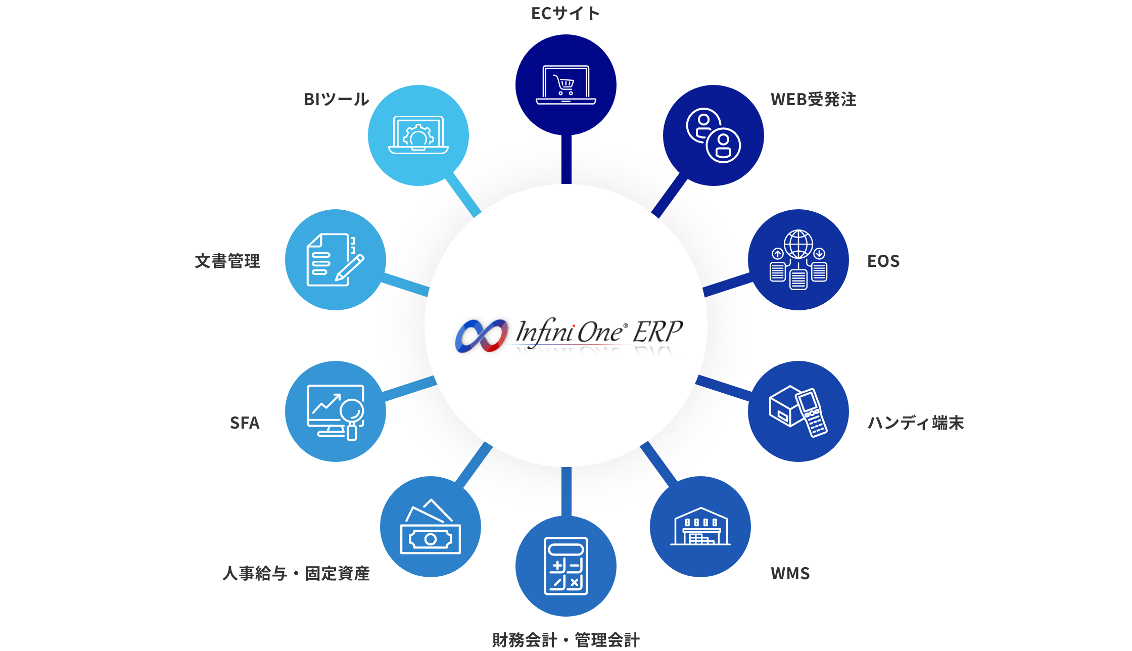 ECサイト・WEB受発注・EOS・ハンディ端末・WMS・財務会計・管理会計・人事給与・固定資産・SFA・文書管理・BIツール